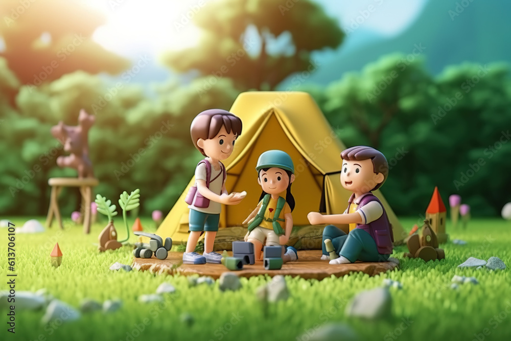 AI in the outdoor forest 3D family camping holiday scene