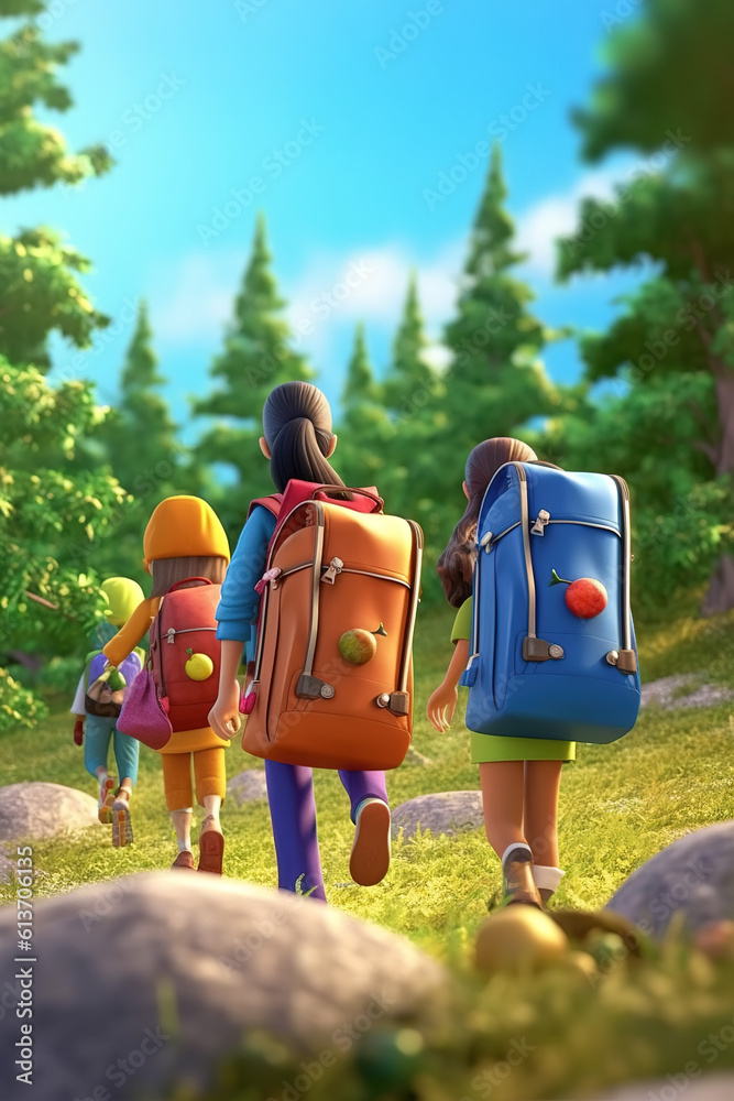 AI in outdoor forest 3D family vacation adventure scene