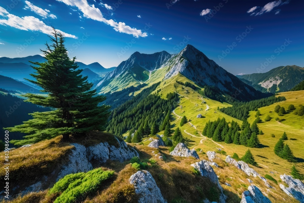 beautiful mountain range landscape with tall pine trees. Generative AI