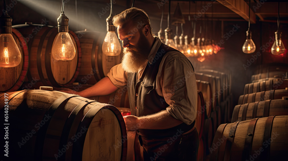 A brewer working and inspects oak barrels for fermentation in the brewery. generative ai