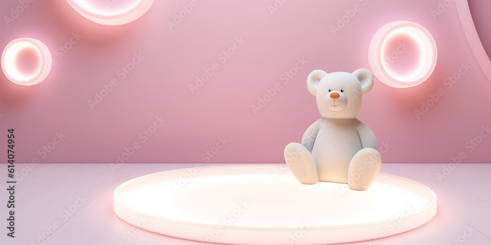 Background template of cute teddy bear sitting on glowing podium. Created with Generative AI technol