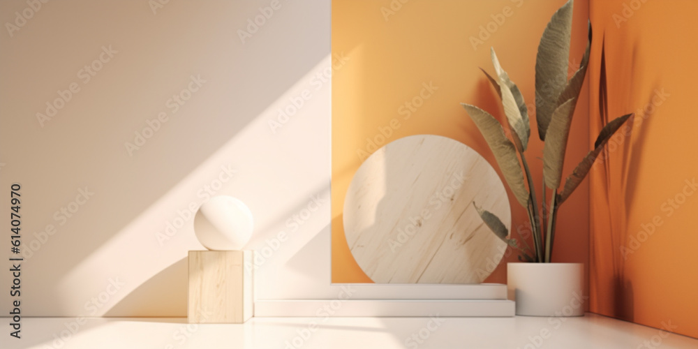 Marble geometric shape decor and home plant at the corner. Minimalist background template. Created w