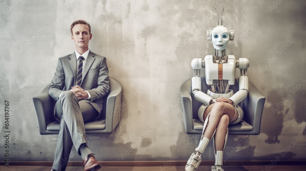 Office staff man and woman variety and humanoid robot sit and waiting for a job interview. Generativ