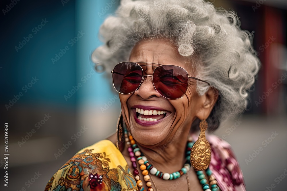 A cheerful lady old black woman wearing sunglasses on street. Generative ai