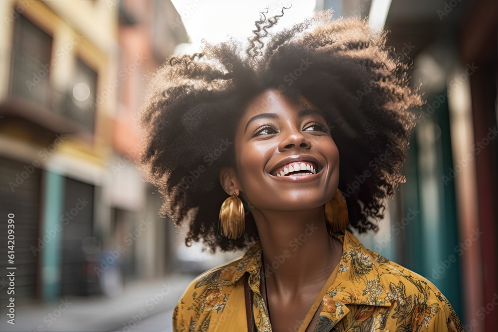 A cheerful black woman on street. Generative ai