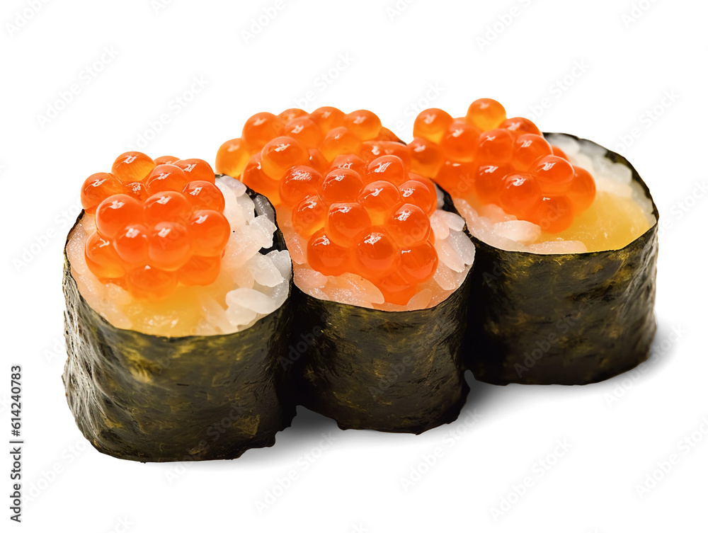 Ikura (Salmon Roe) Gunkan Maki sushi isolated on transparent or white background, png