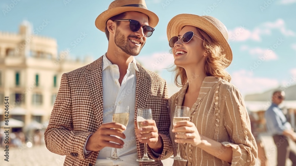 Happy couple drink champagne on the beach. Illustration AI Generative.