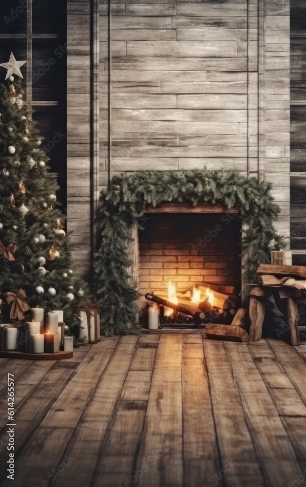 Cozy Christmas Background with Fireplace. Illustration AI Generative.