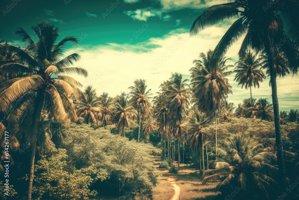 scenic dirt road with palm trees under a bright blue sky. Generative AI