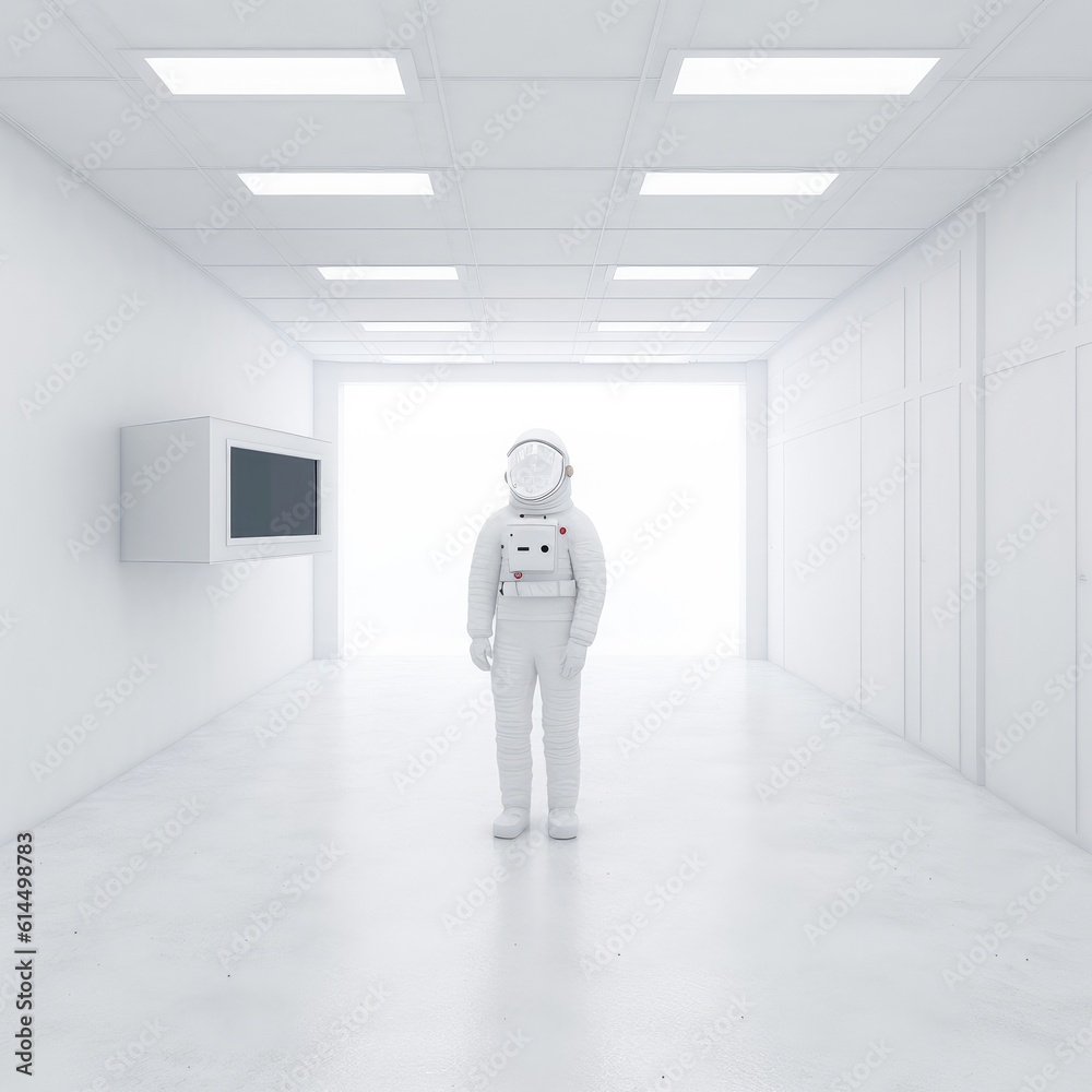 Astronaut standing in white spaceship room.