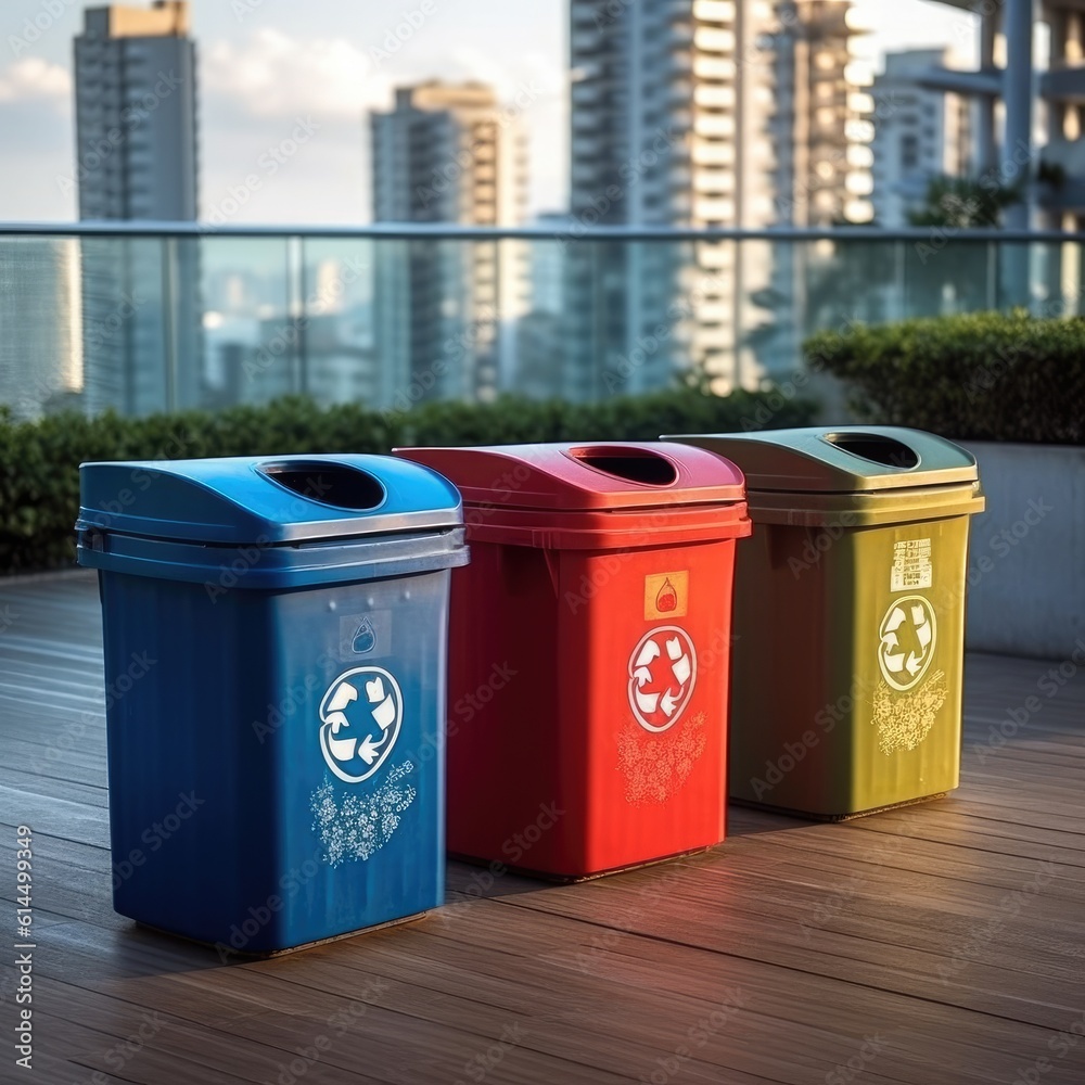 Modern trash bins for waste segregation, Management recycle garbage, Separate waste collection.