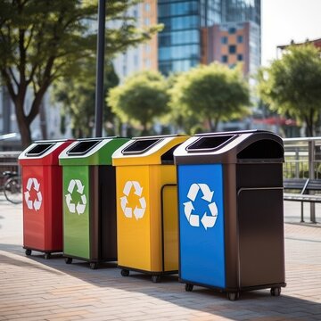 Garbage containers featuring a prominent recycling symbol, This concept highlights the significance of recycling in minimizing waste.