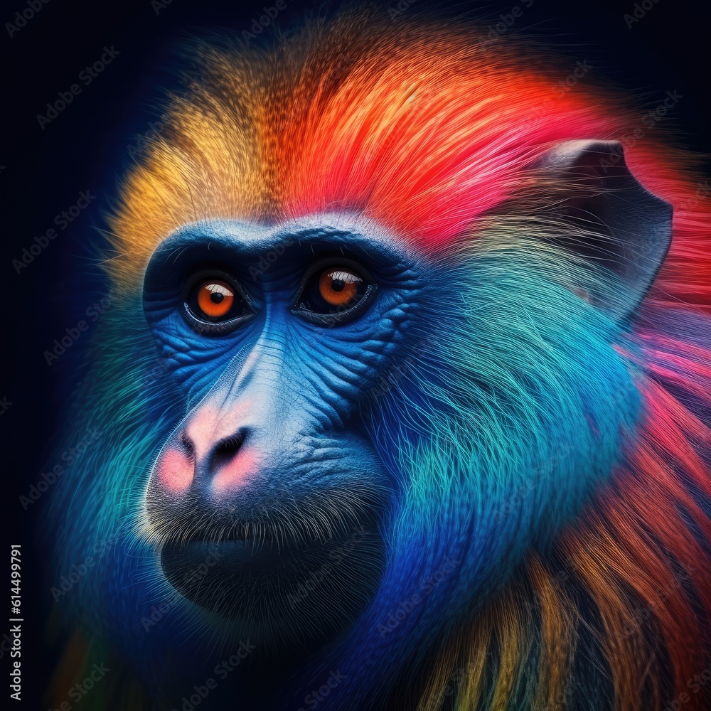 Close up of a face of a monkey, Full colors rainbow.