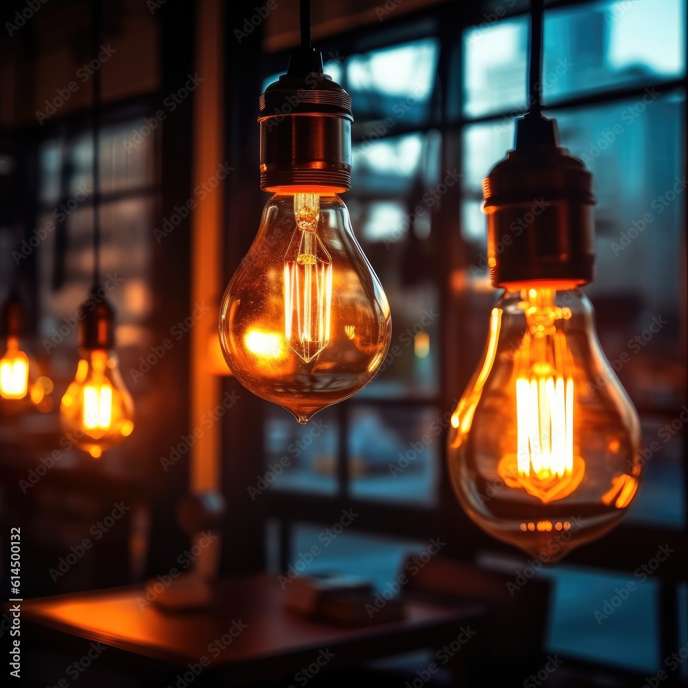 Group of vintage bulbs lights with Loft style lamp in coffee shop, Retro lighting,  Light interior d