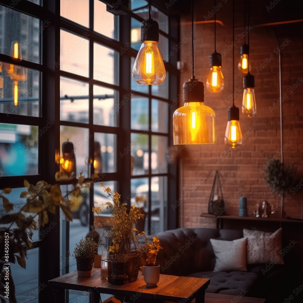 Group of vintage bulbs lights with Loft style lamp in coffee shop, Retro lighting,  Light interior d