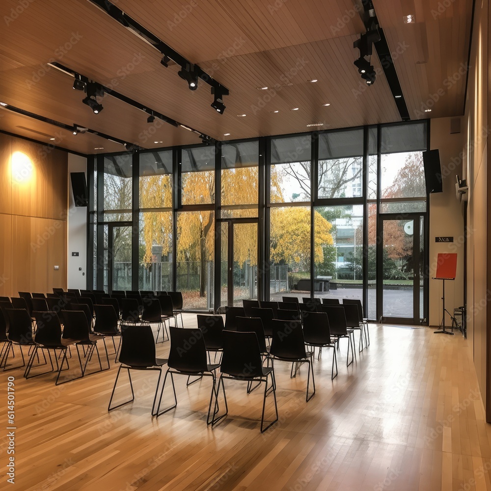 View from the stage in a large modern seminar room.