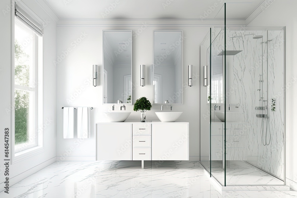 modern white bathroom with double sink and glass shower enclosure. Generative AI