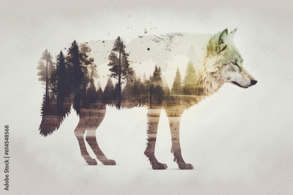 majestic wolf standing in front of a dense forest. Generative AI