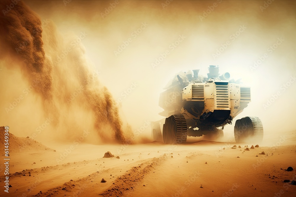 heavy-duty truck driving through a dusty desert landscape. Generative AI
