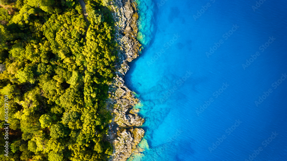 View from the air on the waves and rocks. Sea relaxation and travel. The forest near the sea. Azure 
