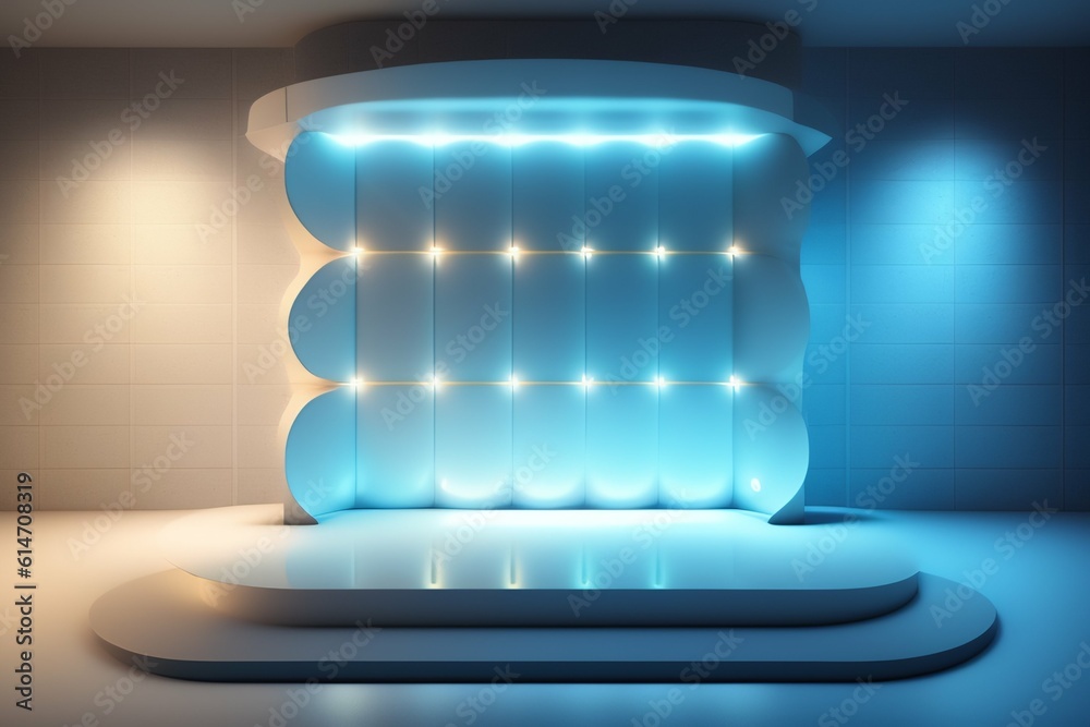 Beautiful modern futuristic podium with neon blue lighting for product presentation. AI generated.	