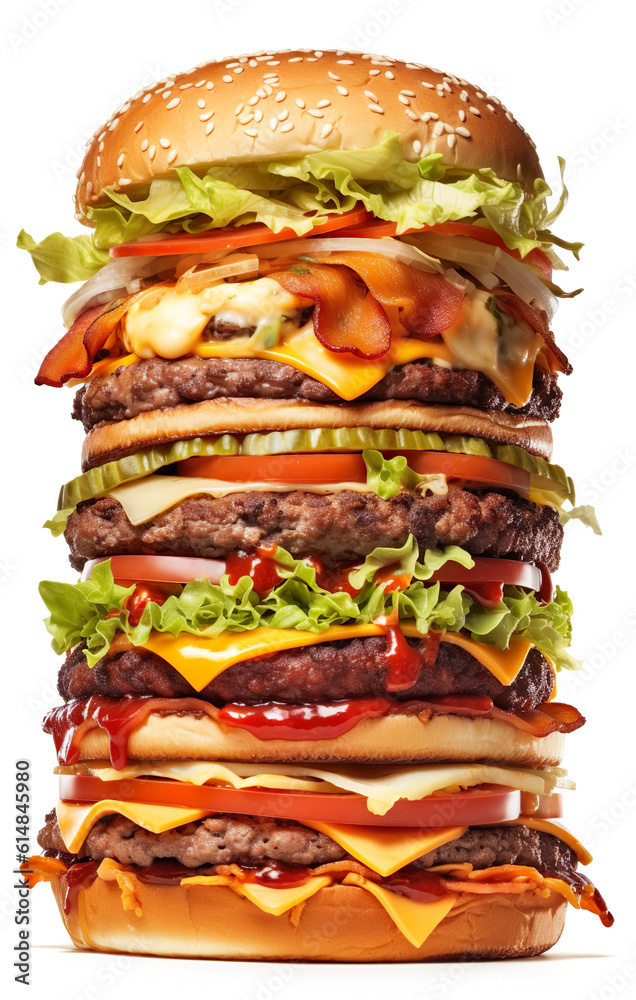 High huge hamburger fast food cheeseburger generative AI illustration isolated on white background. 