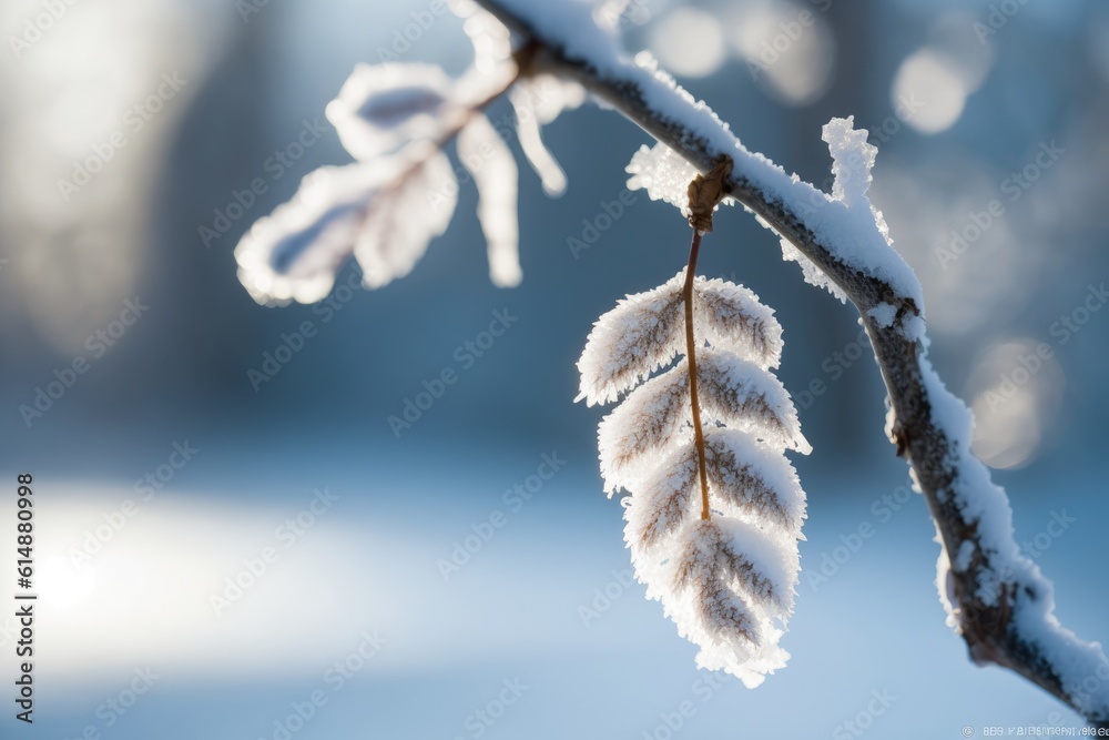 snow-covered branch in a winter landscape. Generative AI