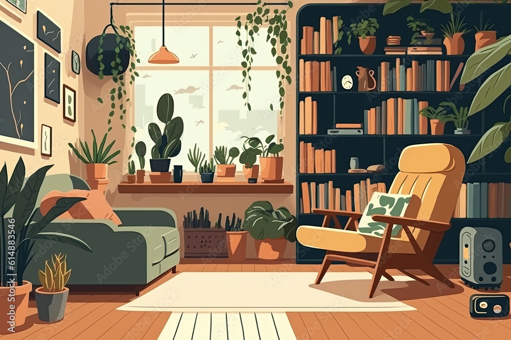 cozy living room filled with lush green plants and comfortable furniture. Generative AI