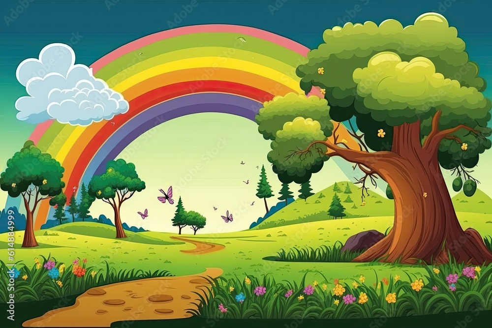 colorful rainbow arching over a lush green forest. Generative AI