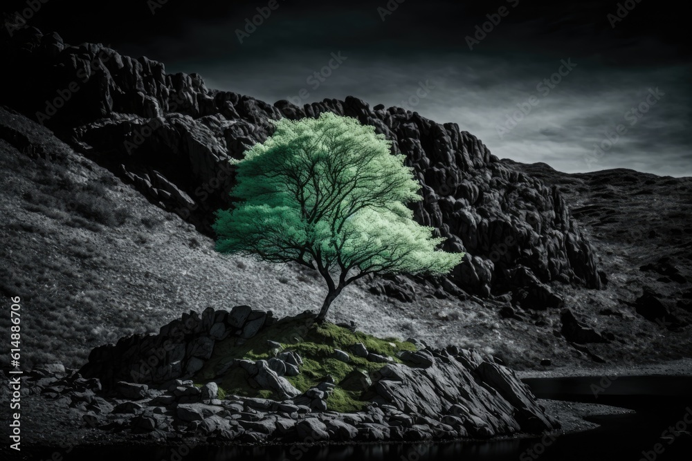 solitary tree perched atop a rocky hillside. Generative AI