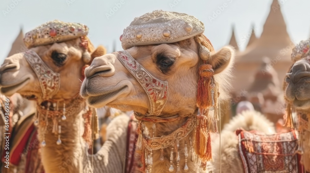 Camels with traditional dresses, Camels, Camelus dromedarius are desert animals for carry tourists o