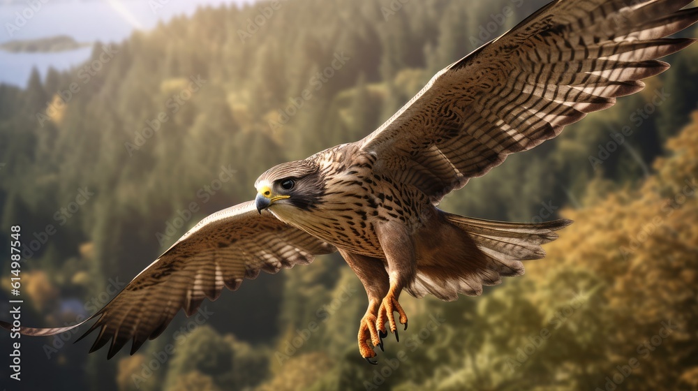 Flying falcon in the nature, Wild Falcon in flight.