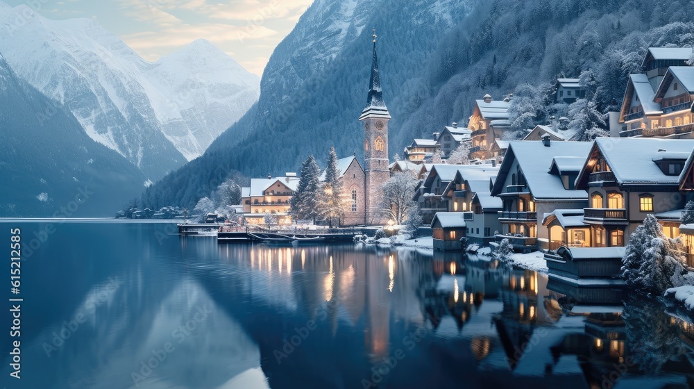 The idyllic village of Hallstatt with lake in the Austrian Alps, In winter time covered with snow.