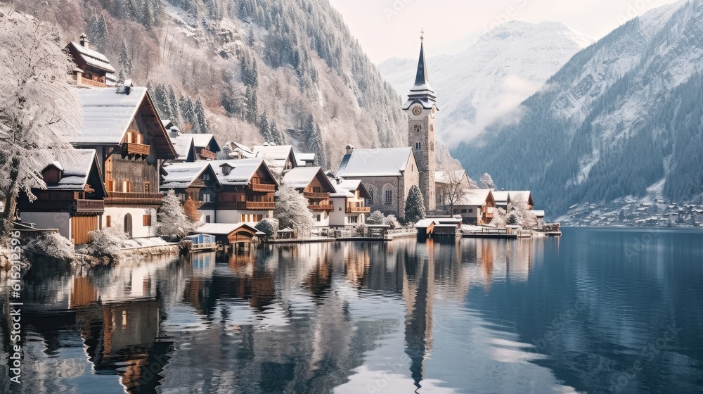 Hallstatt lakeside town in the Austrian Alps reflecting in Hallstattersee lake on a winter time with
