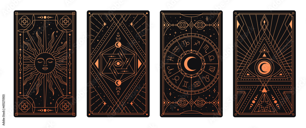 Esoteric tarot card set. Magic poster for divination and prediction of fate. Geometric sacred print 