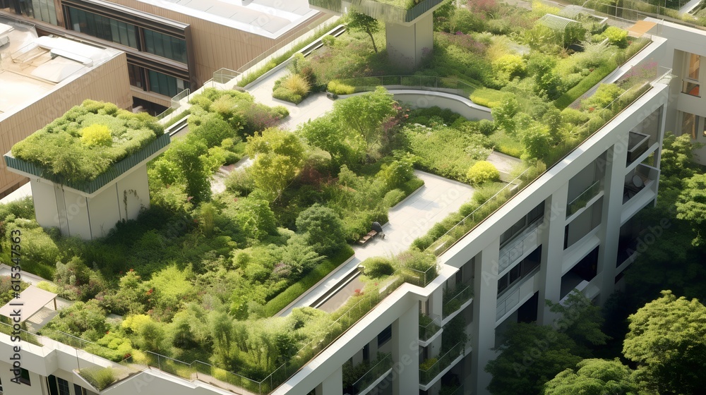 Concept of Green Roof Oases. Urban rooftops as vibrant, green spaces that contribute to biodiversity