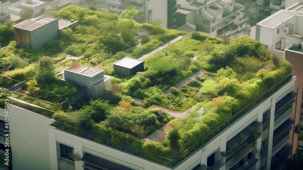 Concept of Green Roof Oases. Urban rooftops as vibrant, green spaces that contribute to biodiversity