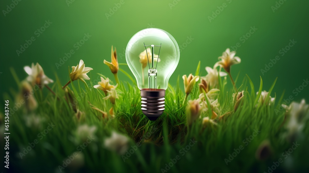 Green energy concept. Light bulb, universal symbol of ideas and innovation, surrounded by green gras