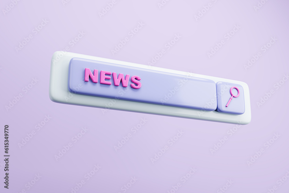 Creative digital search bar with magnifier on purple background. SEO and news search concept. 3D Ren