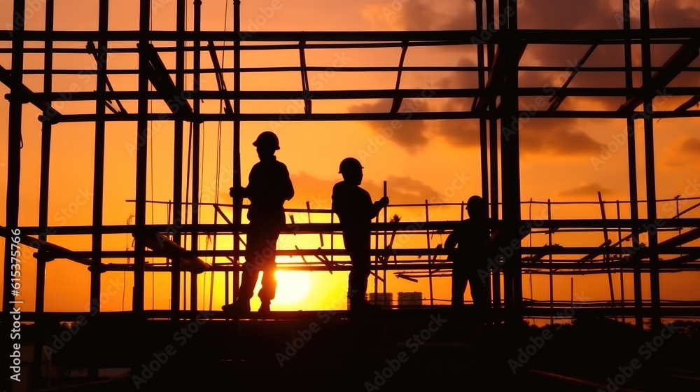 Silhouette group of construction worker are working working on scaffolding in building under constru