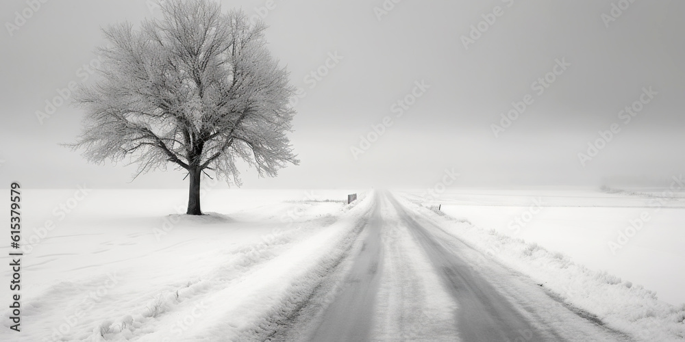 Minimalistic empty highway in winter. Road surrounded snow. Travel concept. Generative AI