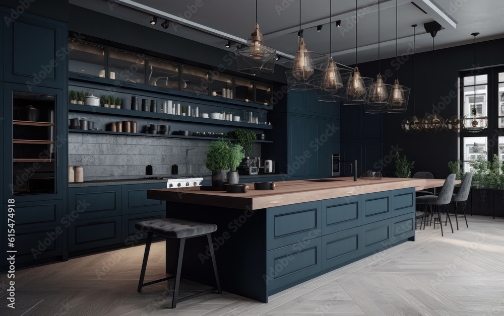 Modern dark blue kitchen and minimalist interior design.