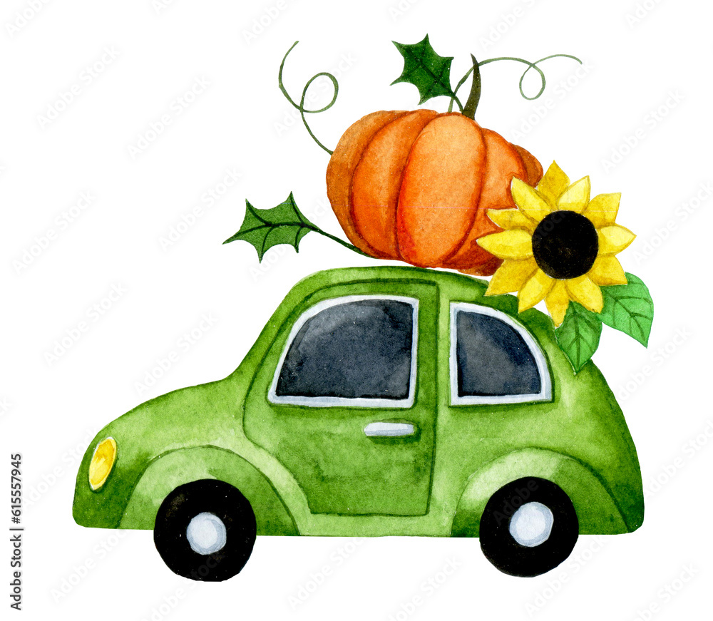 watercolor drawing. cute thanksgiving composition. pumpkin car. autumn, harvest, funny vintage print