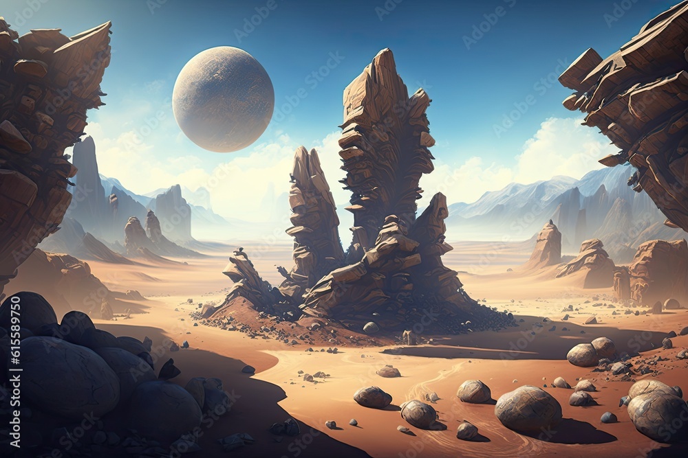 barren desert landscape with rocky mountains in the background. Generative AI