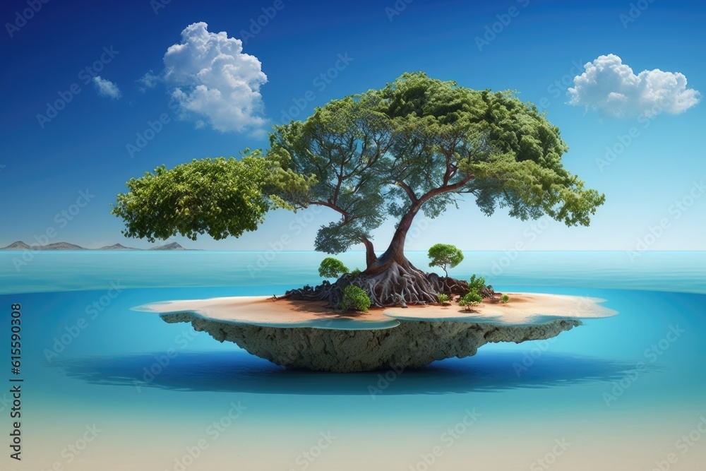 solitary tree on a small island in the middle of an ocean. Generative AI
