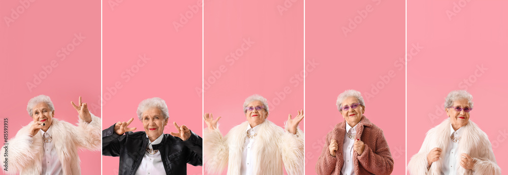 Collage of stylish senior woman on pink background