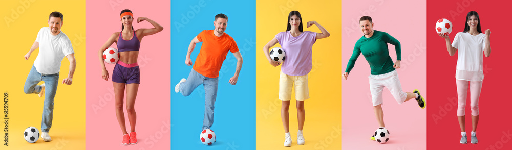 Set of people with soccer balls on color background