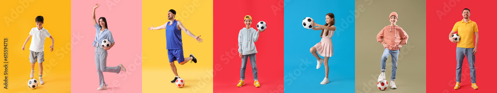 Set of different people with soccer balls on color background