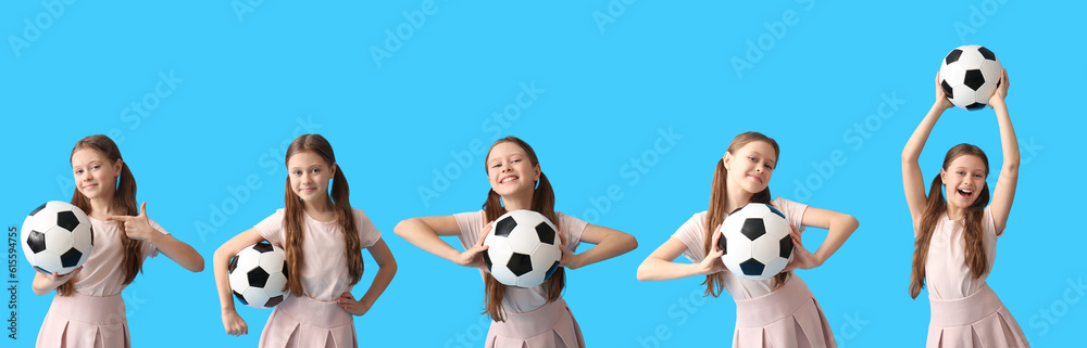 Set of little girl with soccer ball on light blue background