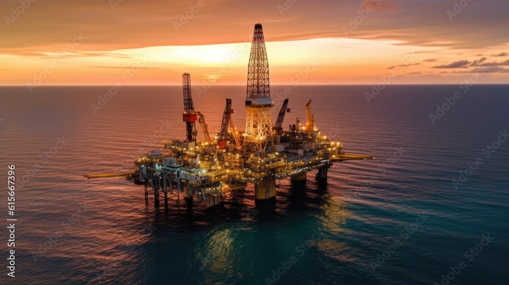 Aerial view offshore drilling rig at the offshore location during sunset. Generative Ai